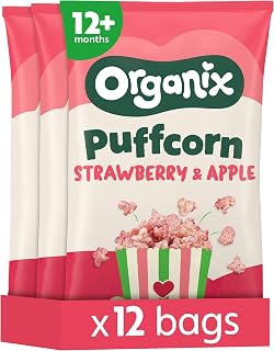 Organix Strawberry & Apple Puffcorn Multipack, 3 x (4 x 10 g Bags) | Organic Toddler Snack, Gluten Free, Suitable for 12+ Months, Vegetarian & Vegan Friendly