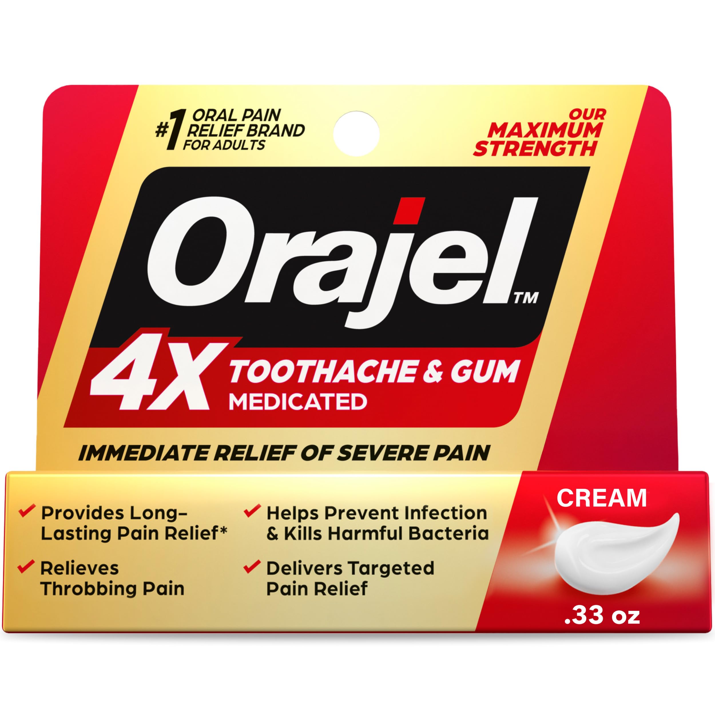 Orajel 4X Toothache and Gum Pain Medicated Pain Relief Cream, 0.33 Oz | Immediat