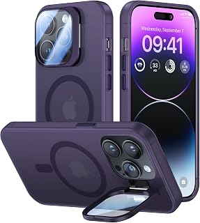 VOFATA for iPhone 14 Pro Case with Camera Cover Stand [Built-in 9H Camera Lens Protector][Fit for Magsafe] Military Grade Shockproof Translucent Matte Magnetic Phone Case 6.1", Purple