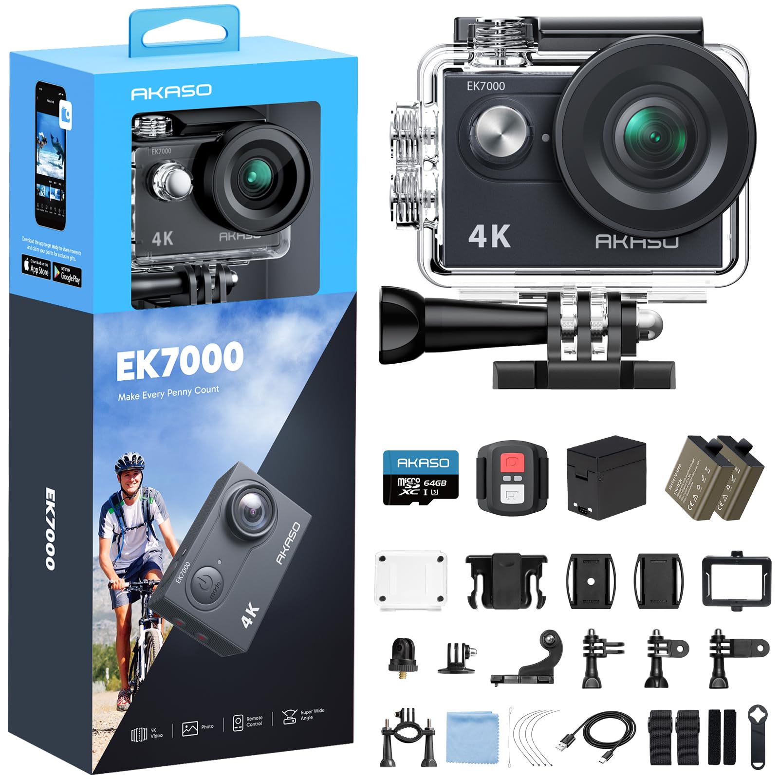 AKASO EK7000 4K30FPS Action Camera with 64GB microSDXC Memory Card | 20MP Ultra 