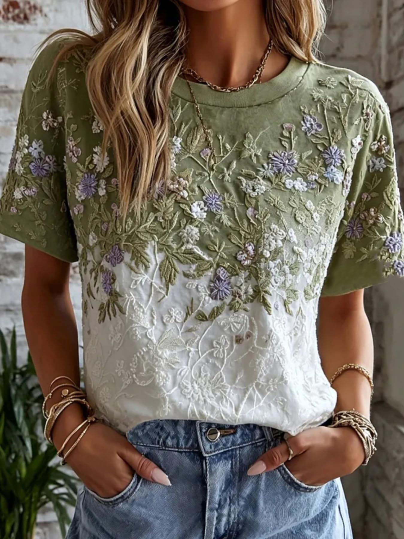 Sage Green Gradient Floral Print Round Neck Casual T-Shirt