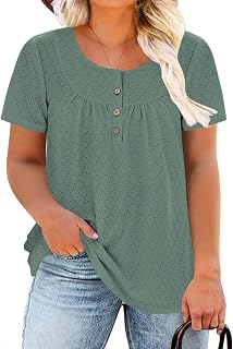 VISLILY Camicette da donna taglie forti estive con bottoni Henley camicie fluide a pieghe tuniche alla moda con occhielli a maniche corte camicette