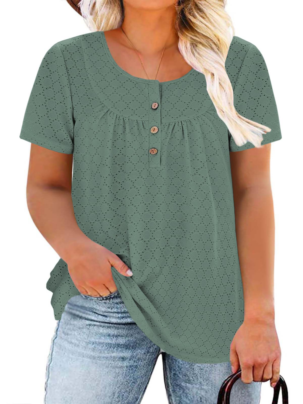 VISLILY Camicette da donna taglie forti estive con bottoni Henley camicie fluide