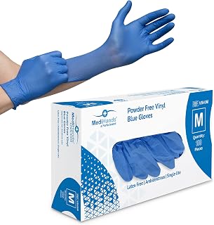 Farla MediHands Blue Medium Vinyl Gloves - Box of 100 Disposable Vinyl Medical Glove - Powder, Latex, & Protein Free Glove - Multi-Purpose, Single Use Surgical Gloves