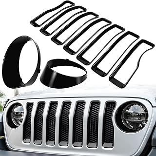 Front Grille Mesh Inserts & Headlight Cover for Jeep Wrangler JL JLU Sport & Sport S Only 2018-2023 Exterior Accessories Clip-in Grille Guard Cover Headlight Bezels Trim Ring (Black 9PCS)