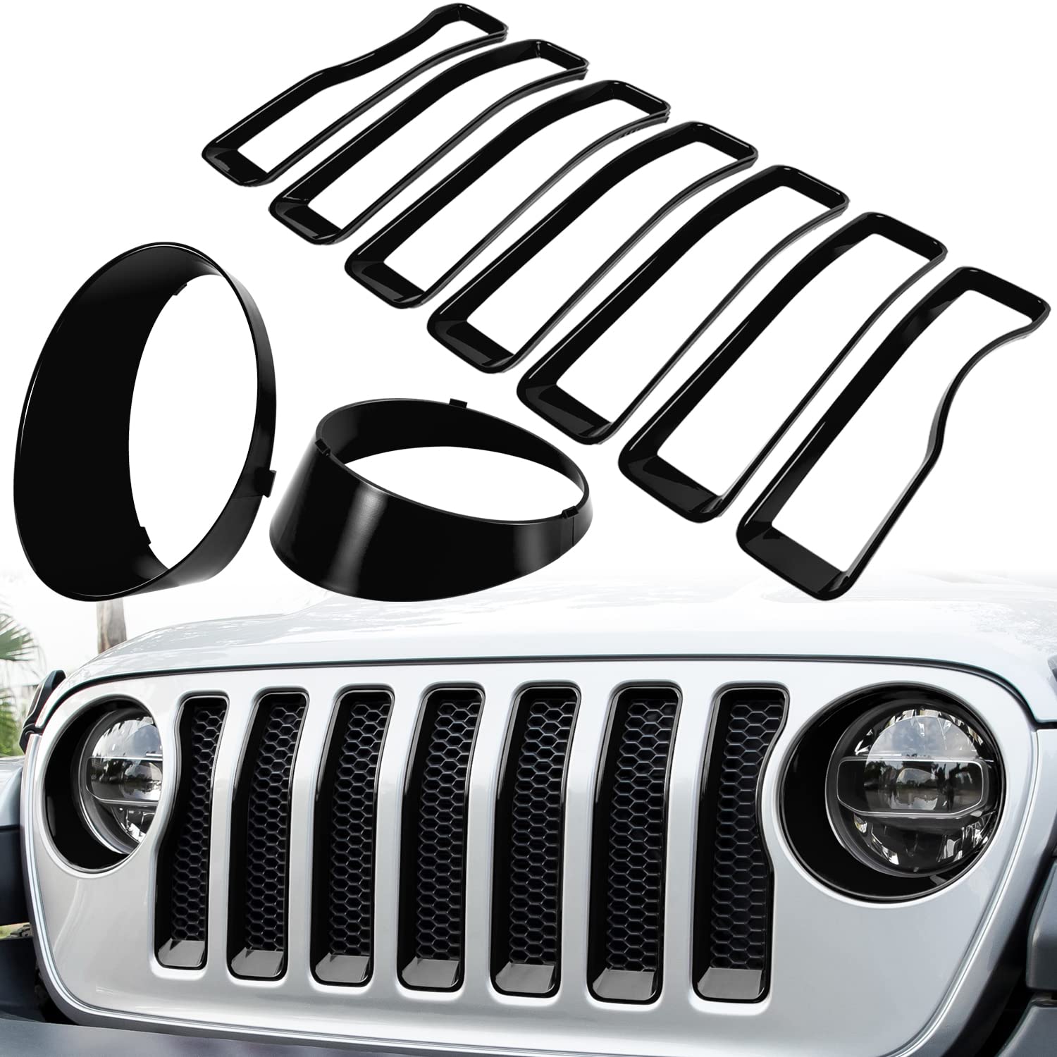 Front Grille Mesh Inserts & Headlight Cover for Jeep Wrangler JL JLU Sport & Spo