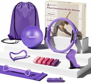 ElaraFit Home Pilates Ring and Ball Set for Women with 5 Resistance Bands Magic Circle Workout Essentials Starter Kit for Beginners, Shape Your Body with 15 Min Daily Routine