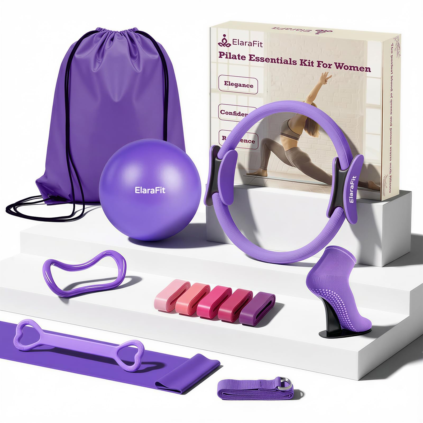 ElaraFit Home Pilates Ring and Ball Set for Women with 5 Resistance Bands Magic 