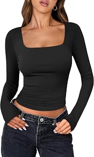 ANRABESS Women Double Lined Long Sleeve Crop Tops Shirts Square Neck Tight Fitted Going Out T-Shirt Basic Tee Outfits 2026