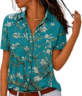 Women's Short Sleeve Button Down Shirts, Collared Floral Camp Shirt Blouse Tops for Casual Work and Vacation