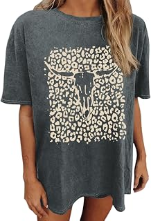 Western Cow Skull Shirts for Women Boho Cowgirl Shirt Vintage Acid Wash Tshirt Oversize Rodeo Graphic Tee Country Top