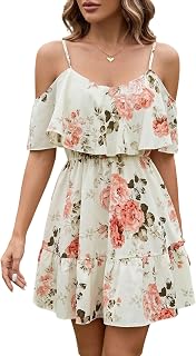 SOLY HUX Women's Summer Floral Mini Dress Cold Shoulder Ruffle Dresses