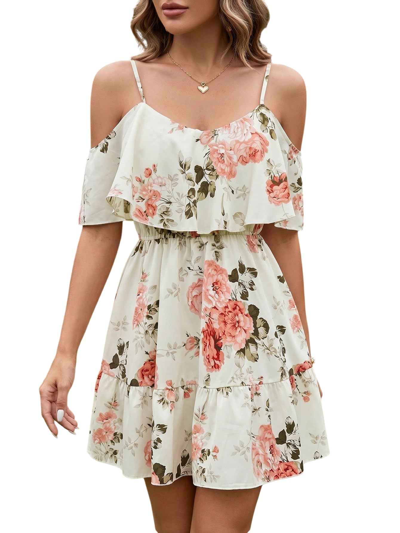 SOLY HUX Women's Summer Floral Mini Dress Cold Shoulder Ruffle Dresses