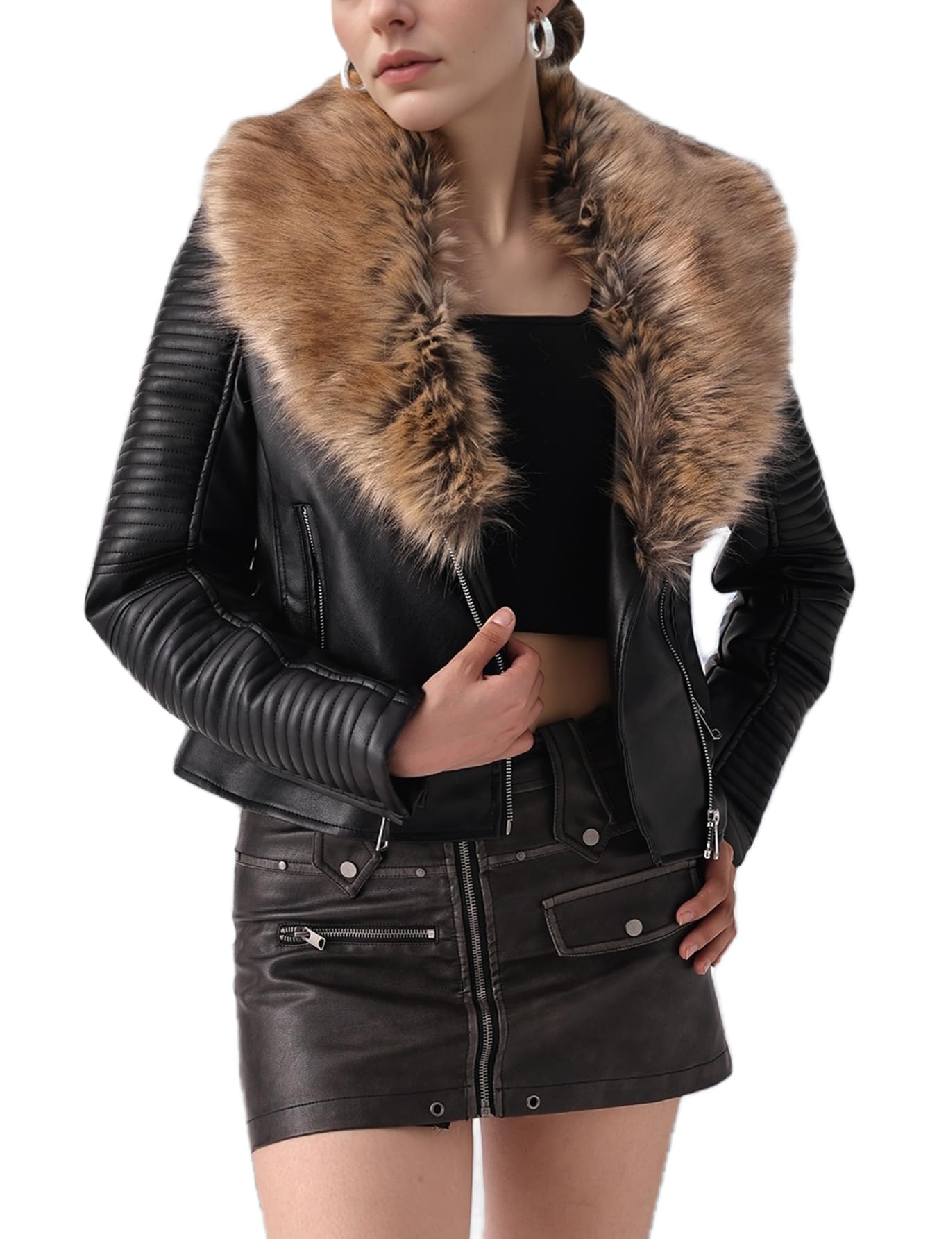Bellivera Women's Faux Leather Trench Coat Fleece Lined Mid Length Jacket with D