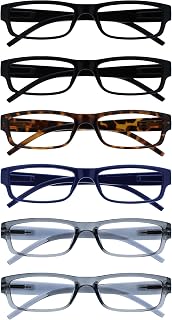 OPULIZE ACE Reading Glasses for Women Men, Lightweight Comfortable Narrow Rectangular Frame with Spring Hinges, Scratch Resistant, Black Brown Blue Grey +2.50 (Pack of 6)