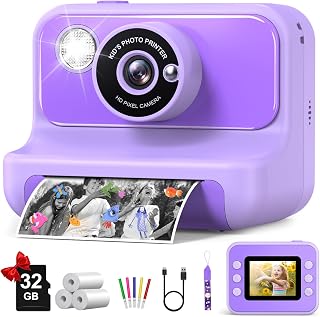 Kids Camera Instant Print, Christmas Birthday Gifts for Girls and Boys | 1080P HD Video Digital Kids Camera with 32G Card, Toddler Camera for 3-12 Years Old, Purple