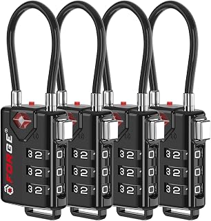 Forge TSA Approved Luggage Locks, Open Alert Cable Lock, Black, 4 Pack | TSA Approved, TSA Open Alert, Advanced TSA008 Lock Core, Resettable, Flexible Cable, Zinc Alloy Body, Large White Numbers