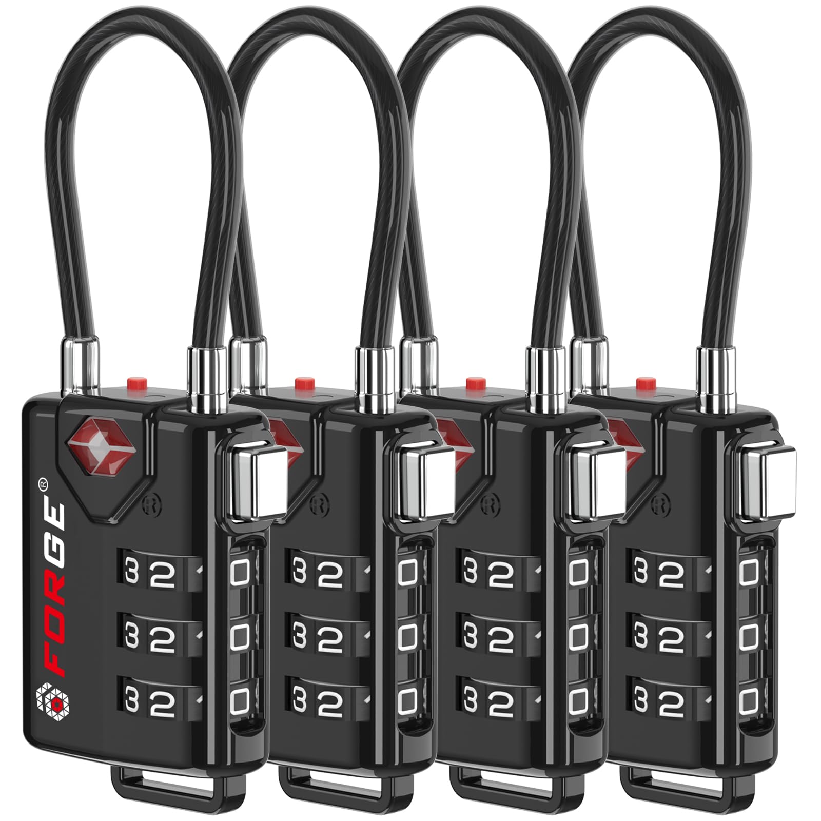 Forge TSA Approved Luggage Locks, Open Alert Cable Lock, Black, 4 Pack | TSA App