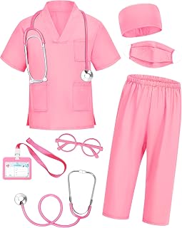 ICECUTE Doctor Scrubs for Kids,7 Pcs Scrubs Costume with Accessories 3-11Y | Kids Srubs,Doctor Costume with Real Working Stethoscope,Career Day Pretend Play,Role Play,Community Helpers Dress Up