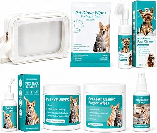 6-in-1 Dog & Cat Grooming Kit Set, Puppy Bath, Ear Eye Paw Wipes | No-Rinse Dental Cleaner, Glove Pads, Deodorizing Spray, Travel Bag, Hypoallergenic