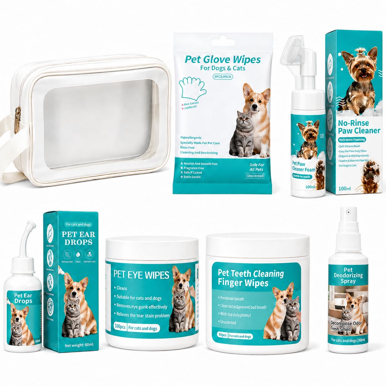 6-in-1 Dog & Cat Grooming Kit Set, Puppy Bath, Ear Eye Paw Wipes | No-Rinse Dent