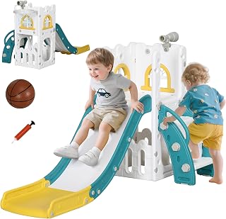 Qaba Toddler Slide 5 in 1 Slide for Kids Aged 1-3 Years with Climber Yellow | Basketball Hoop, Telescope, Storage Basket, for Indoor Use