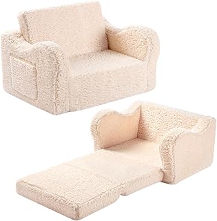 MOMCAYWEX Kids Sofa Chair, 2-in-1 Foldable Couch, Sherpa, Cream | Fold-Out Sofa Furniture, Removable Washable Soft Cover, Lightweight, Reading Playing Comfy Lounge Chair, Boys Girls