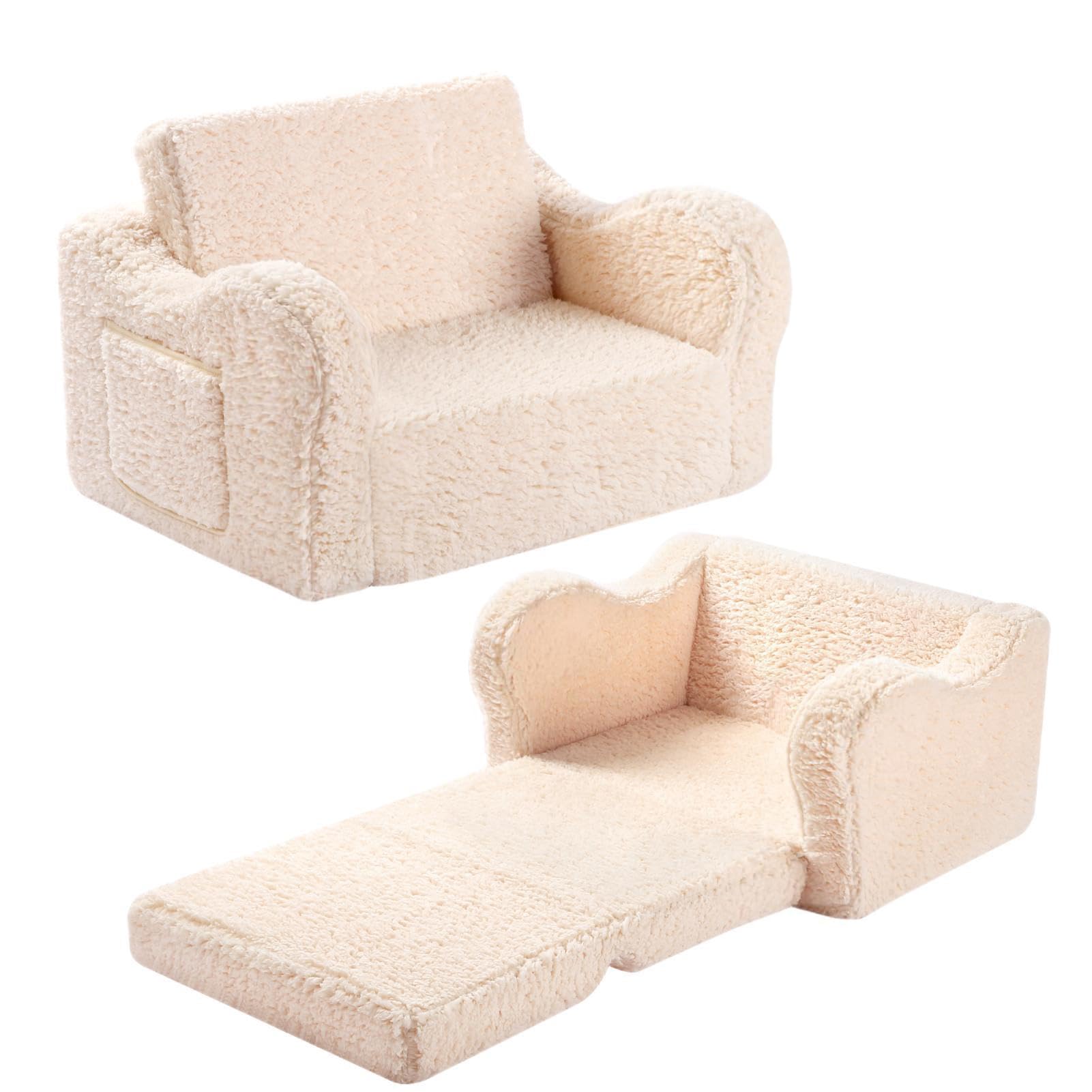 MOMCAYWEX Kids Sofa Chair, 2-in-1 Foldable Couch, Sherpa, Cream | Fold-Out Sofa 