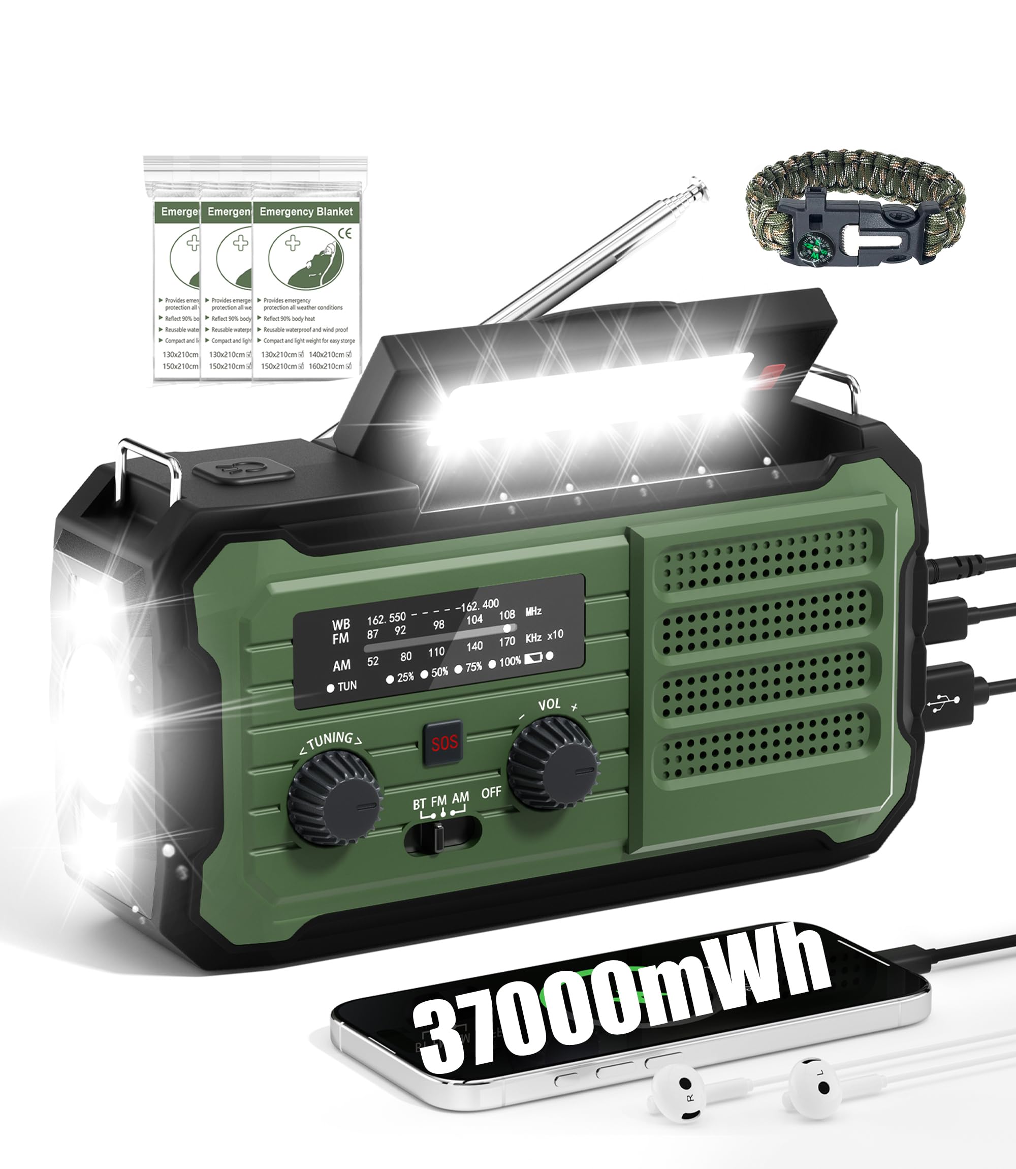 Emergency Radio Hand Crank Solar, 10000mAh/37000mWh Emergency Weather Radio | Ha