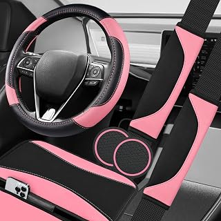 NBTEPEM 6 PCS Sport Pink Steering Wheel Cover Set, Microfiber Leather Car Steering Wheel Cover 14.5-15inch Universal, Car Center Console Cover, Seat Belt Cushion, Cup Holder Coaster (Black-Pink)