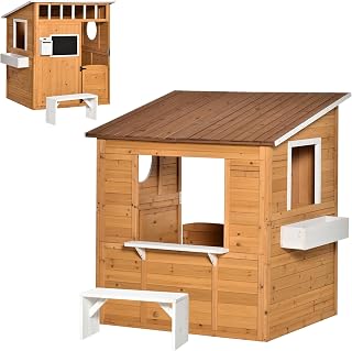 Outsunny Wooden Outdoor Playhouse for Kids with Door, Windows, Yellow | Mailbox, Bench, Flowers Box, Blackboard, for Age 3-8
