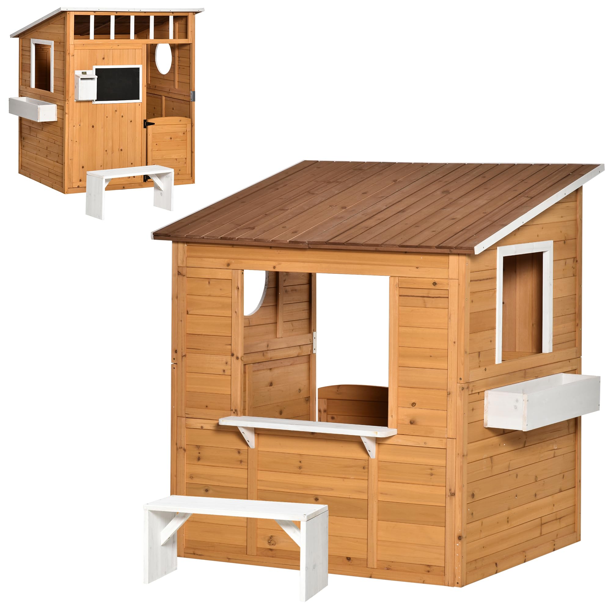 Outsunny Wooden Outdoor Playhouse for Kids with Door, Windows, Yellow | Mailbox,