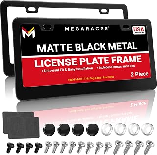 Premium Matte Black License Plate Frames, 2 Pack, Thin-Top Design, Metal | Stainless Steel, Rust-Free, Rattle-Free, Universal with Screw Caps, Slim, Rigid, Front &amp; Rear, Car Tag Holder for Women &amp; Men