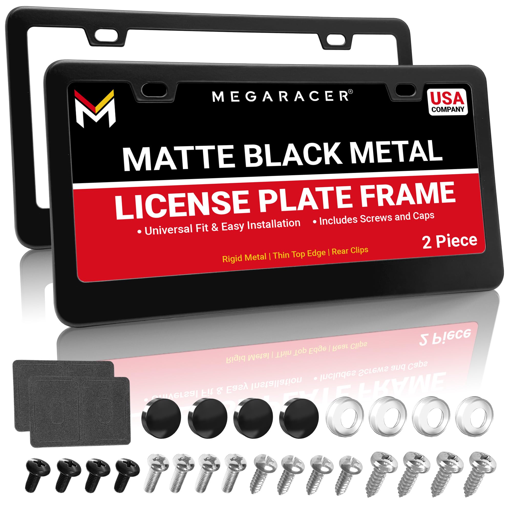 Premium Matte Black License Plate Frames, 2 Pack, Thin-Top Design, Metal | Stain