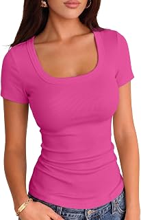 VICHYIE Women Square Neck Ribbed Knit Slim Fitted Casual Top