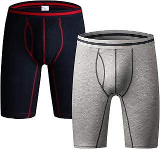Men's Pack of 2 Stretch Cotton Boxer Briefs Long Leg Sports Underwear with Fly (S-4XL)