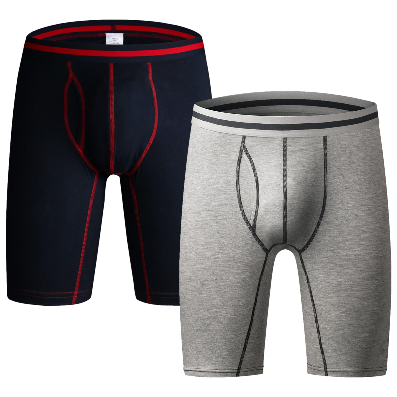 Men's Pack of 2 Stretch Cotton Boxer Briefs Long Leg Sports Underwear with Fly (