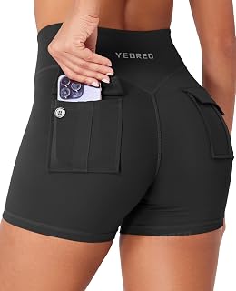 YEOREO CoreFlex カーゴポケットワークアウトショーツ 女性用 スクランチジッパー 3.6インチ ハイウエスト ヨガジムショーツ
