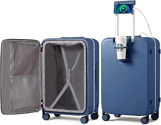 mixi Large Checked Luggage with Cup Phone Holder and Charger Hard Shell Suitcases with Spinner Wheels, 26 Inch Sapphire Blue