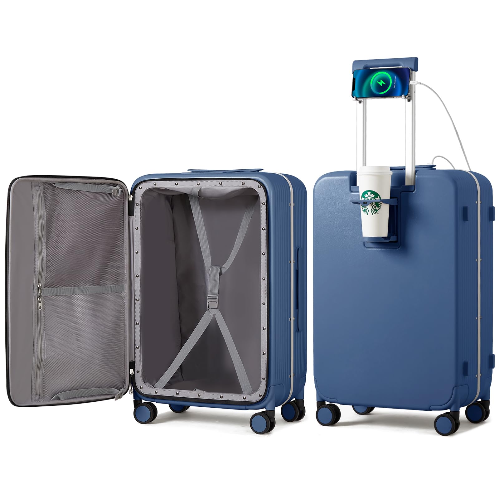 mixi Large Checked Luggage with Cup Phone Holder and Charger Hard Shell Suitcase