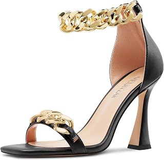 HEUIVZAR Women's High High Kitten Heel Square Toe Sandals Ankle Strap Zipper Metal Chain Wedding Dress 10 CM Heels