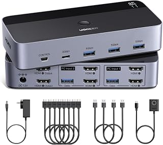 UGREEN HDMI KVM Switch 2 Monitors 2 Computers 4K@60Hz, with 4 USB 3.0 Ports | for 2 Computers Sharing 2 Monitors Keyboard Mouse Printer Webcam, with 4 HDMI + 2 USB Cables, Power Adapter and Controller