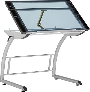 Studio Designs 10089 Triflex Drawing Table, Sit to Stand Up Adjustable Desk, Silver/Blue Glass