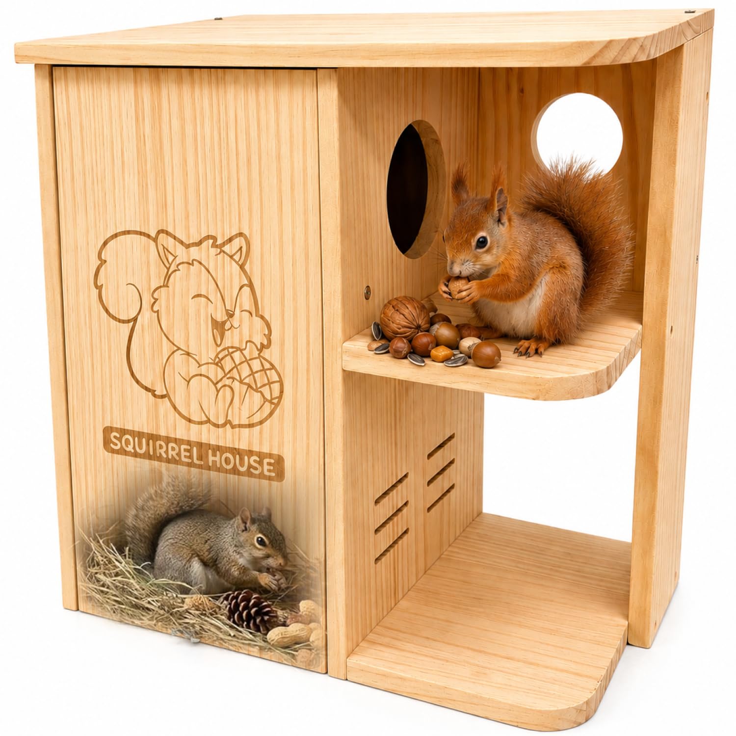 Large Squirrel Nesting Box Outdoor – Solid Pine Wood Squirrel House