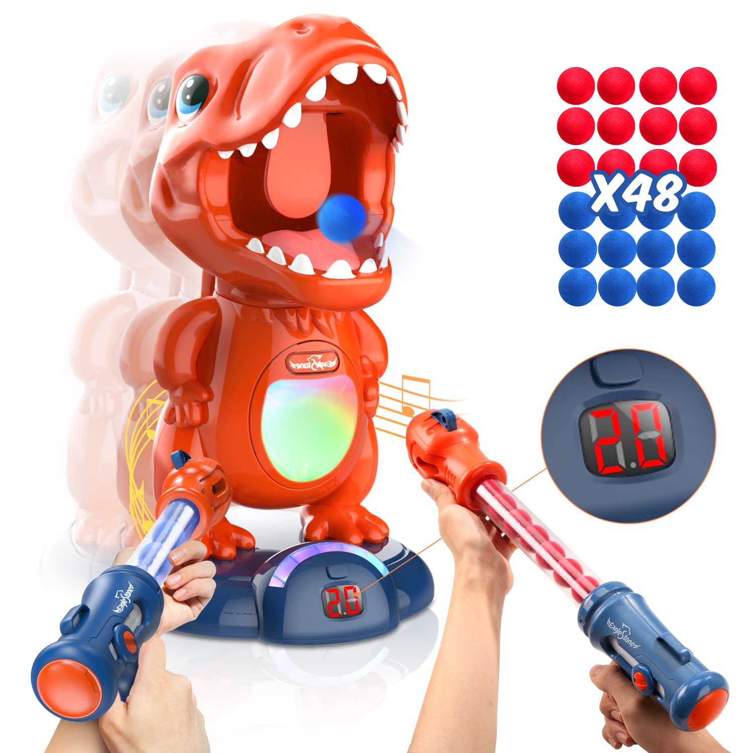 EagleStone Movable Dinosaur Shooting Toys Target Shooting Games w/ 2 Pump Guns, 