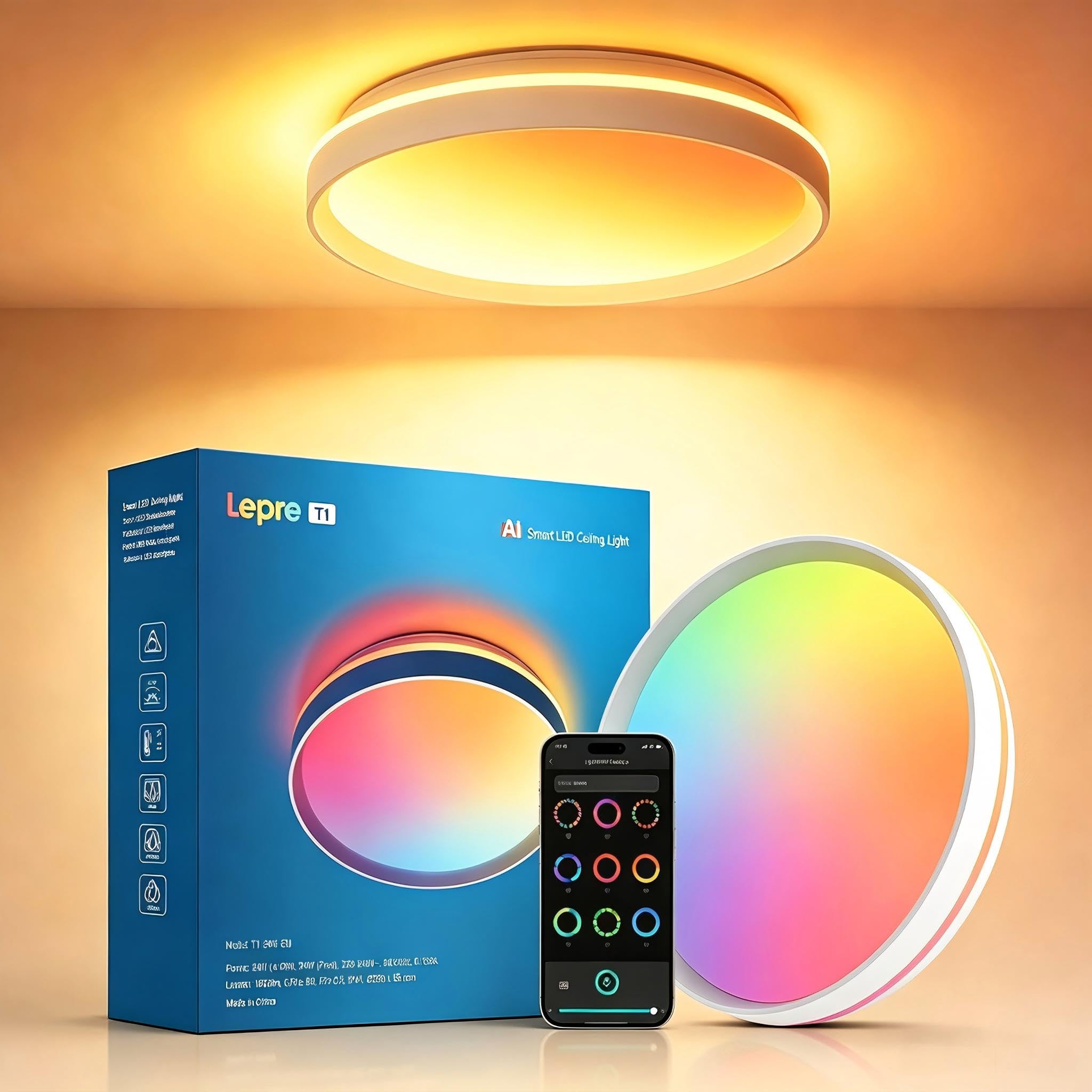 Lepro Smart Ceiling Light, 24W Dimmable RGB Ceiling Light, AI Scenes, 29cm | 180