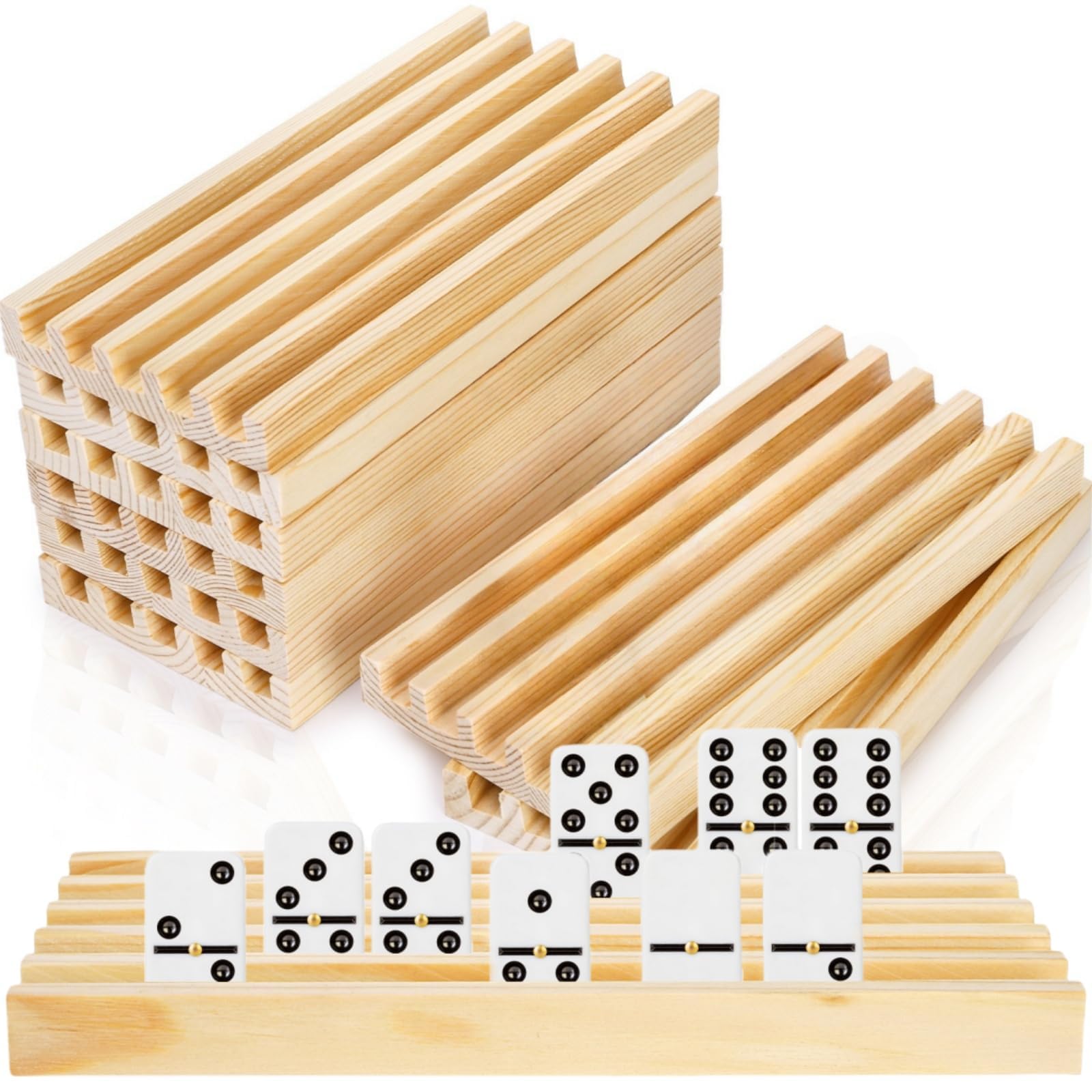 Noamus Set of 8 Wooden Domino Racks, Premium Natural Domino Trays, Solid Domino 