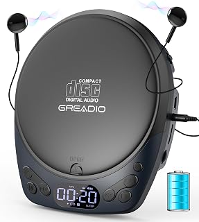 Greadio Portable CD Player with Headphones, Rechargeable CD Player for Home | Car CD Players with 60s Anti-Skip, Supports CD/MP3/WMA/TF Card/AUX Output, Lock / Programmable / Timer, No Built-in Speakers