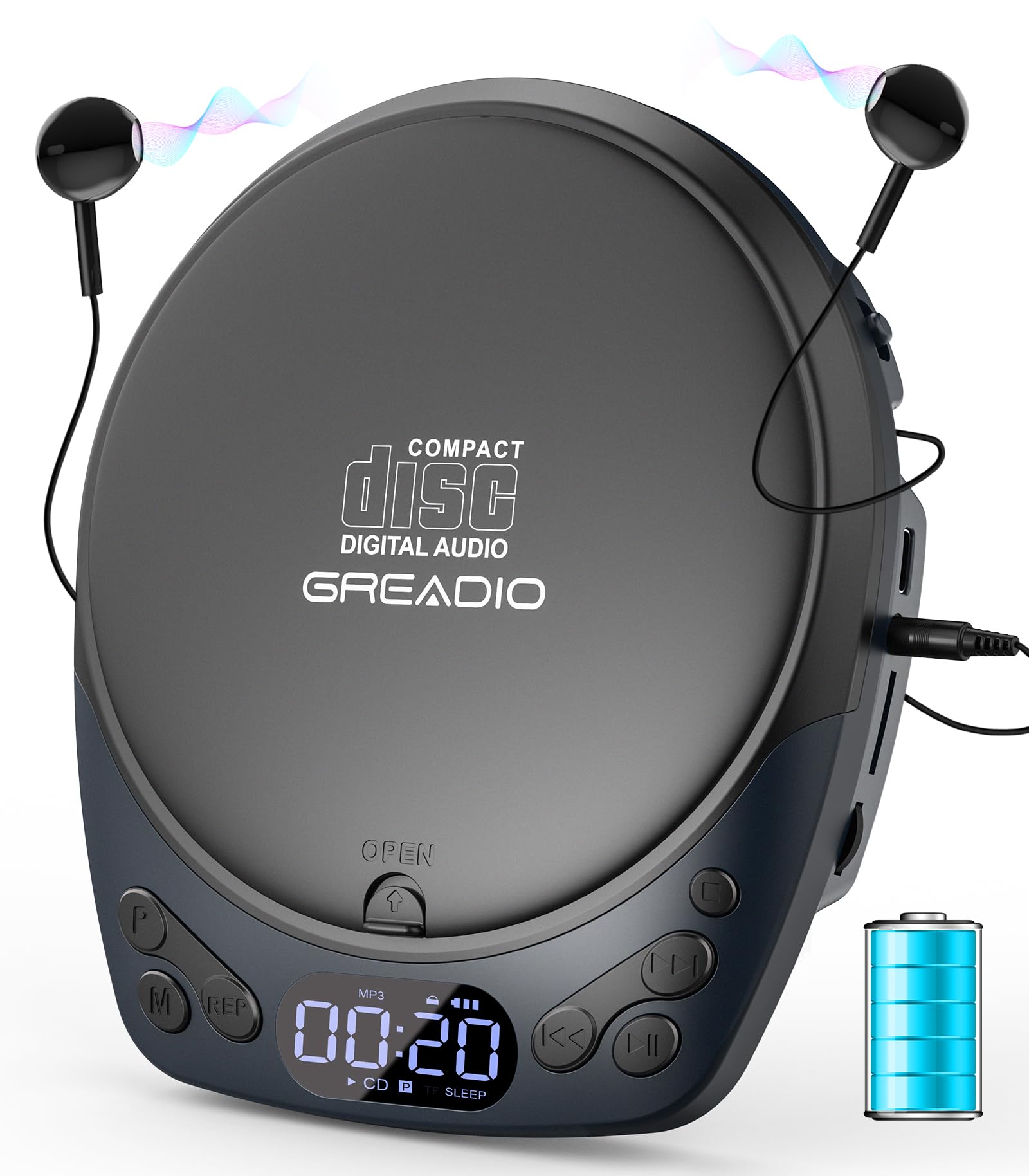Greadio Portable CD Player with Headphones, Rechargeable CD Player for Home | Ca