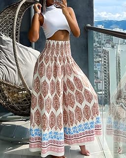 Style 10 Women's Bohemian Vintage Floral Print High Waist Elastic Waist Wide Leg Loose Fit Casual Trousers, pink